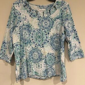 Alfred Dunner Blue and White Patterned Long Sleeve Top